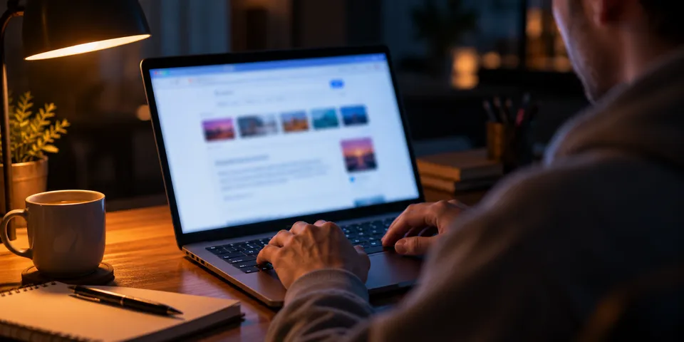 A person typing a question into a search page at night