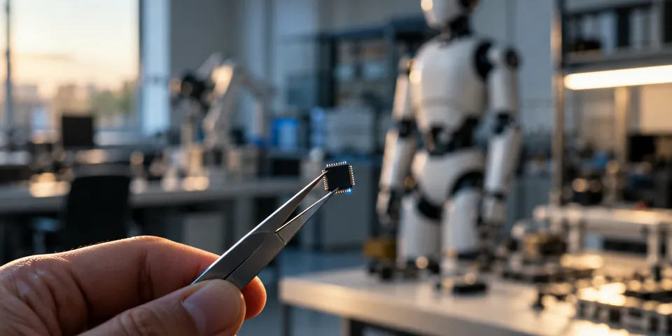 A tiny chip held in tweezers in front of a humanoid robot in a lab