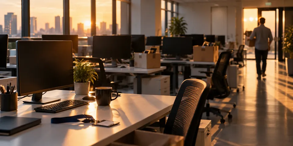 An emptied office at dusk with moving boxes on the chairs