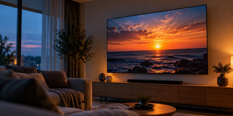 A large TV showing a sunset in a living room at dusk
