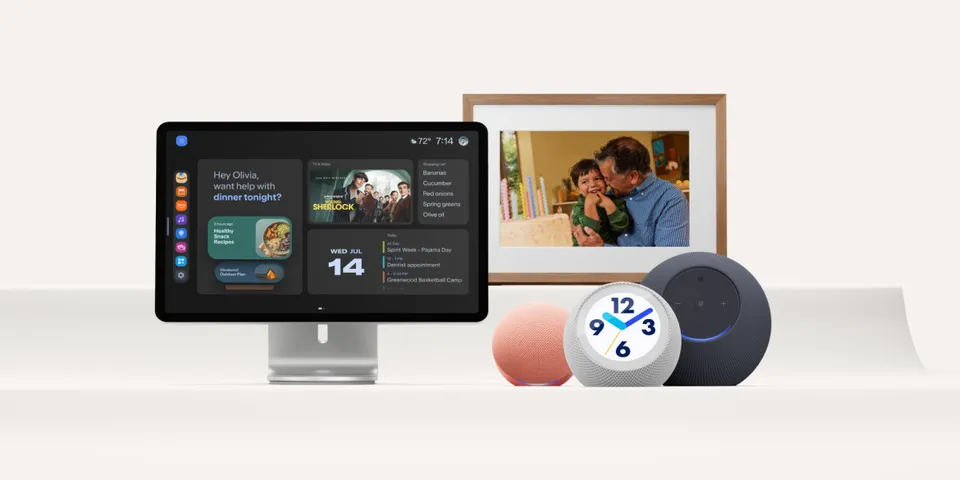 An Echo Show 16, Alexa Photo Frame, Echo Dot , Echo Time and Echo Studio