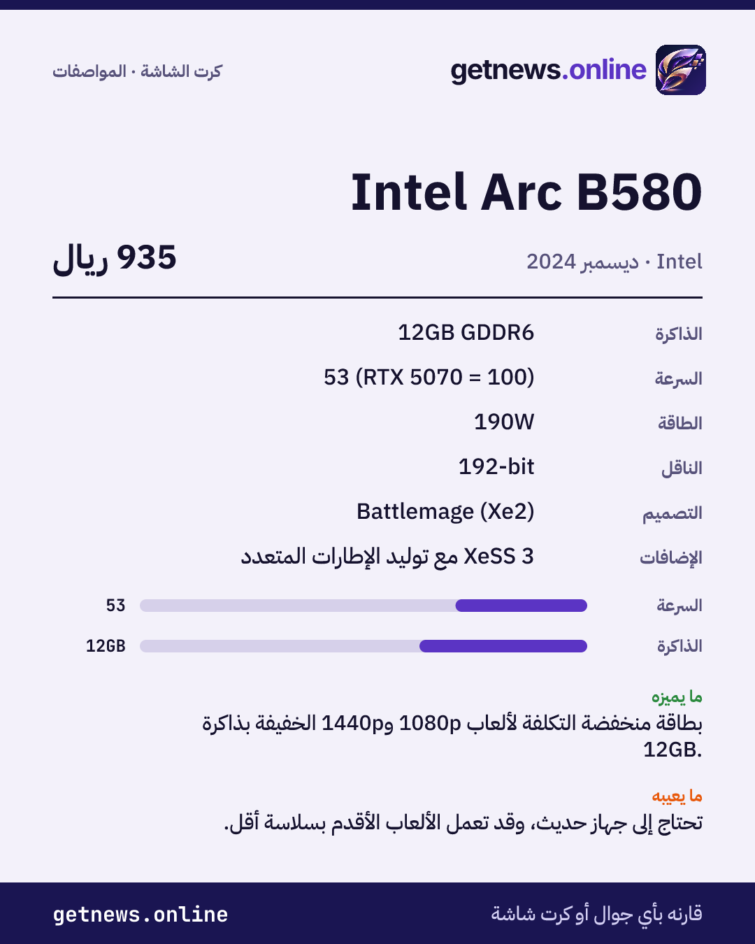 بطاقة مواصفات Intel Arc B580: السعر وأبرز المواصفات والدرجات
