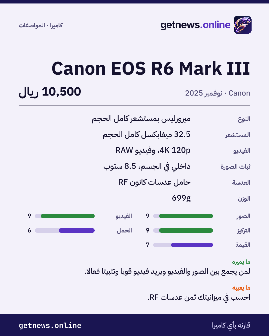 بطاقة مواصفات Canon EOS R6 Mark III: السعر وأبرز المواصفات والدرجات