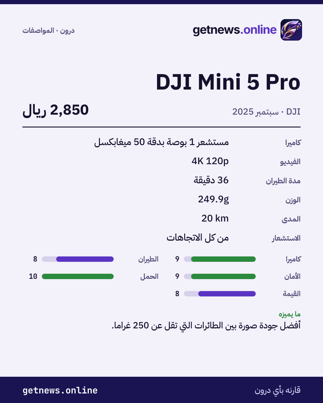 بطاقة مواصفات DJI Mini 5 Pro: السعر وأبرز المواصفات والدرجات