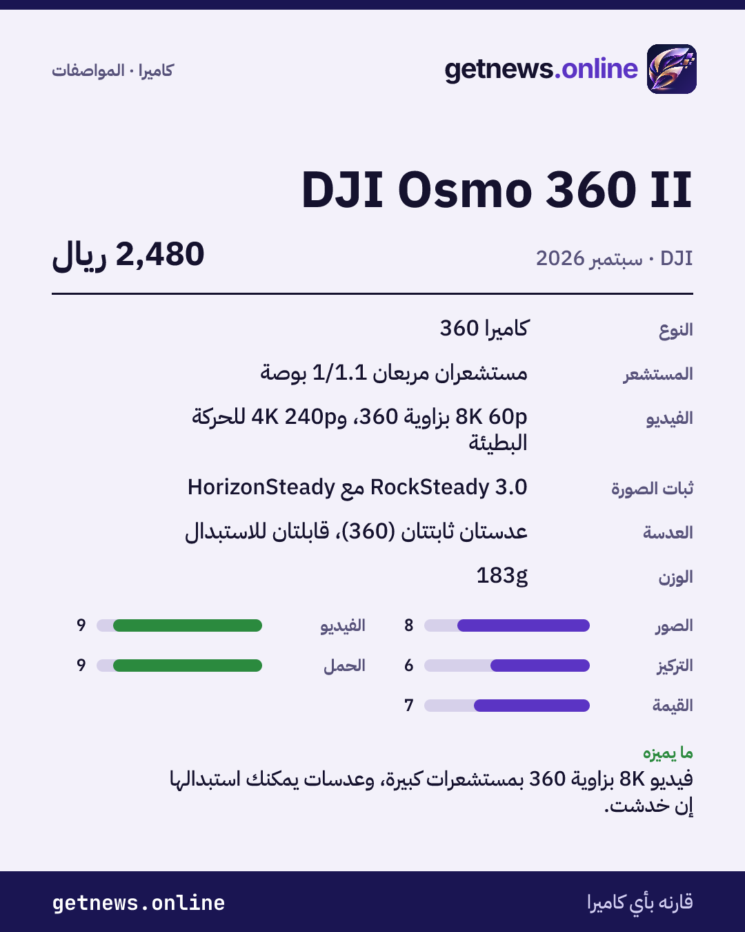 بطاقة مواصفات DJI Osmo 360 II: السعر وأبرز المواصفات والدرجات