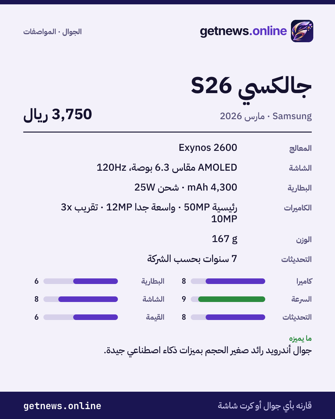 بطاقة مواصفات جالكسي S26: السعر وأبرز المواصفات والدرجات