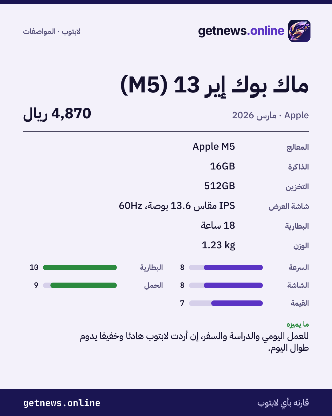 بطاقة مواصفات ماك بوك إير 13 (M5): السعر وأبرز المواصفات والدرجات