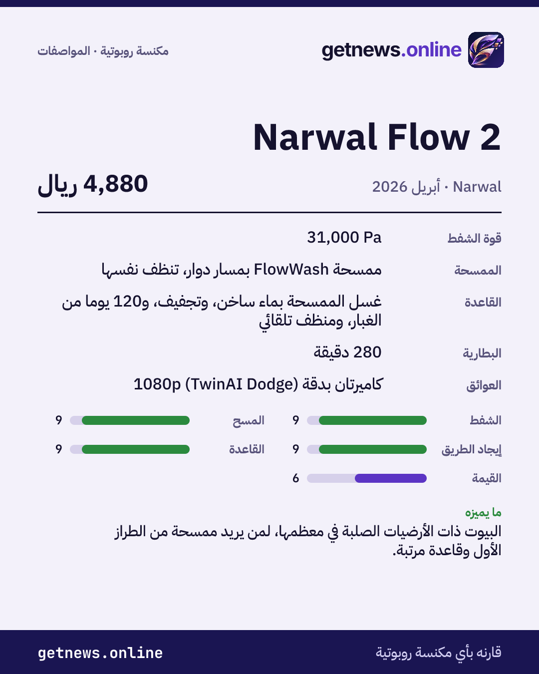 بطاقة مواصفات Narwal Flow 2: السعر وأبرز المواصفات والدرجات
