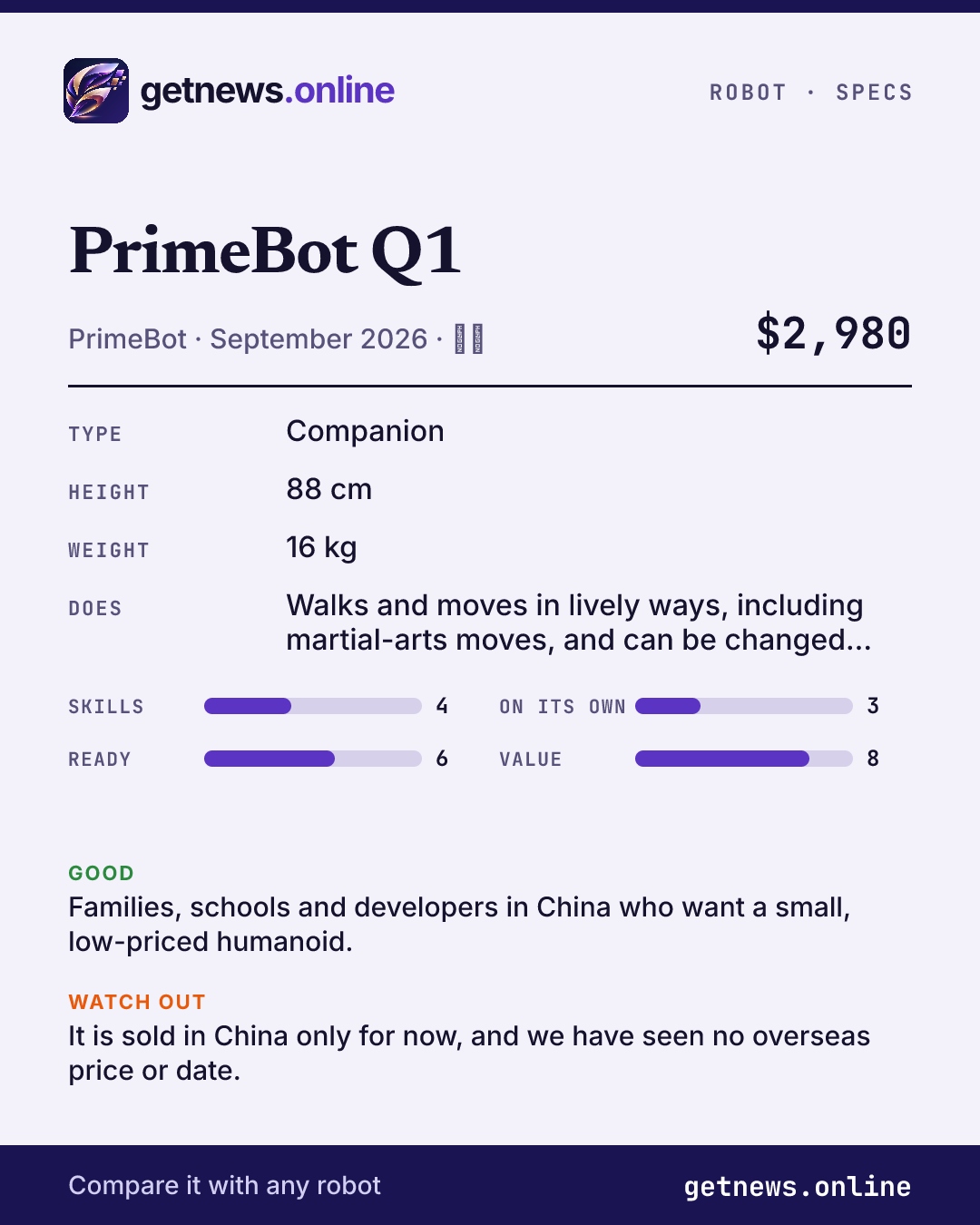 PrimeBot Q1 spec card: price, key specs and scores