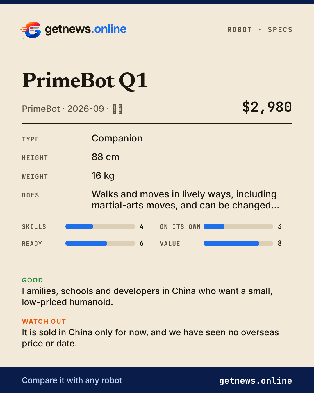 PrimeBot Q1 spec card: price, key specs and scores