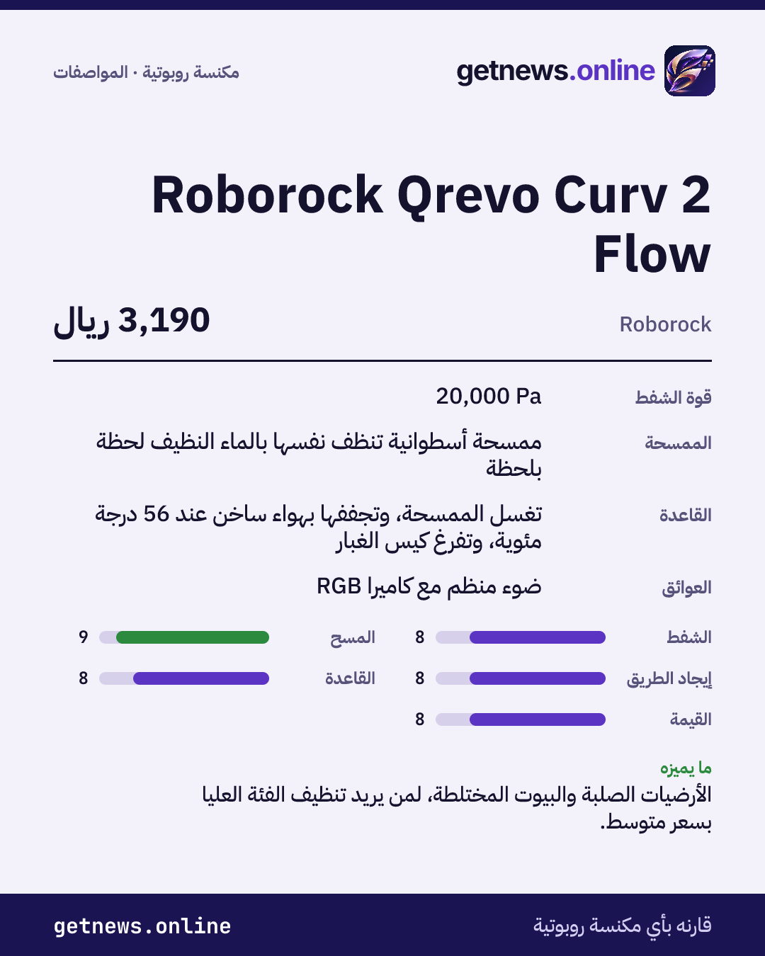 بطاقة مواصفات Roborock Qrevo Curv 2 Flow: السعر وأبرز المواصفات والدرجات