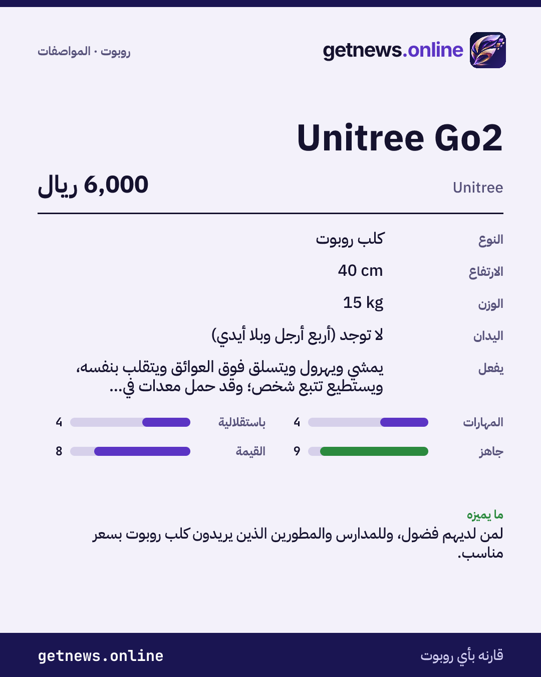بطاقة مواصفات Unitree Go2: السعر وأبرز المواصفات والدرجات