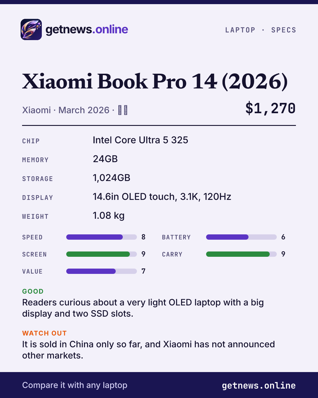 Xiaomi Book Pro 14 (2026) spec card: price, key specs and scores
