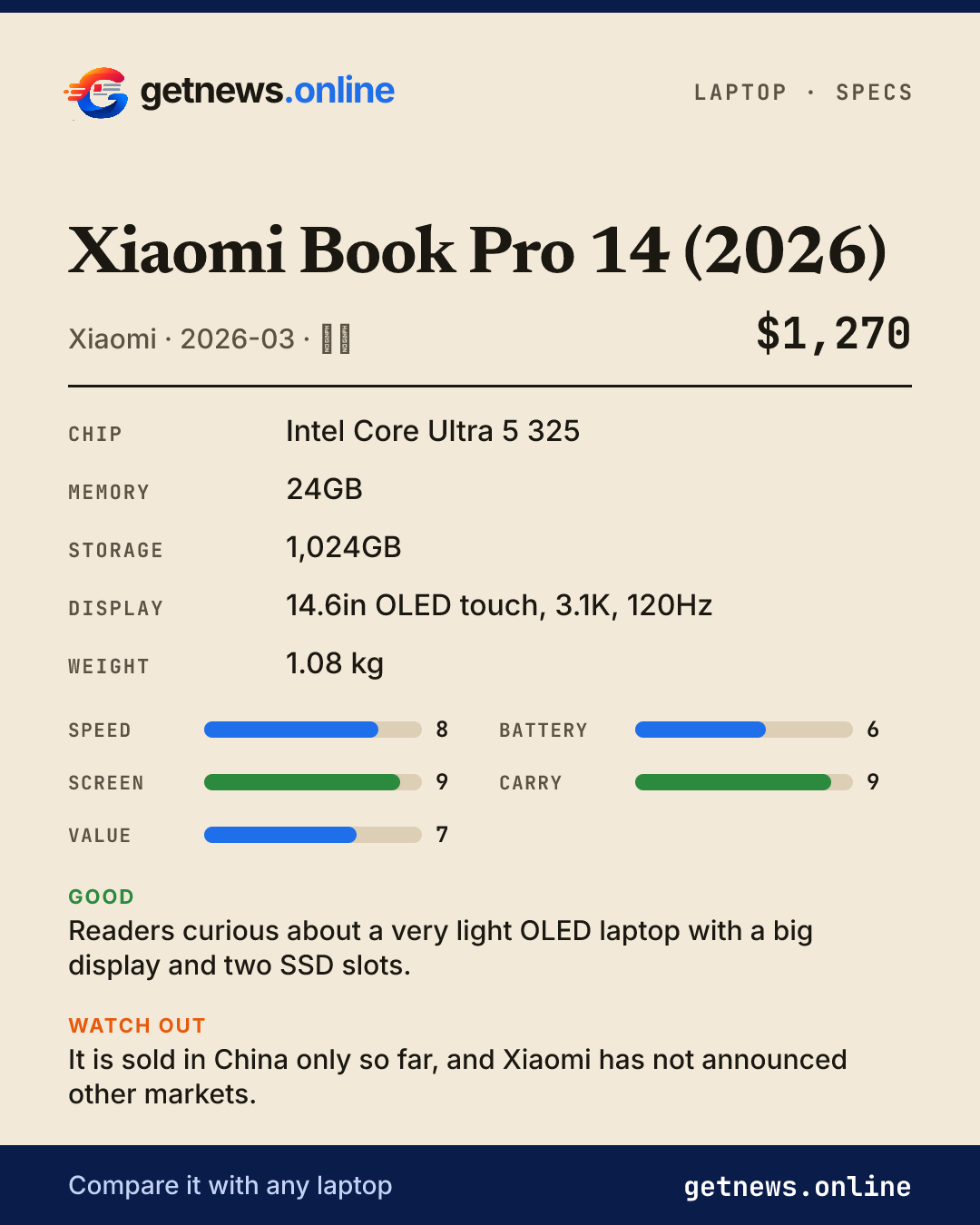 Xiaomi Book Pro 14 (2026) spec card: price, key specs and scores